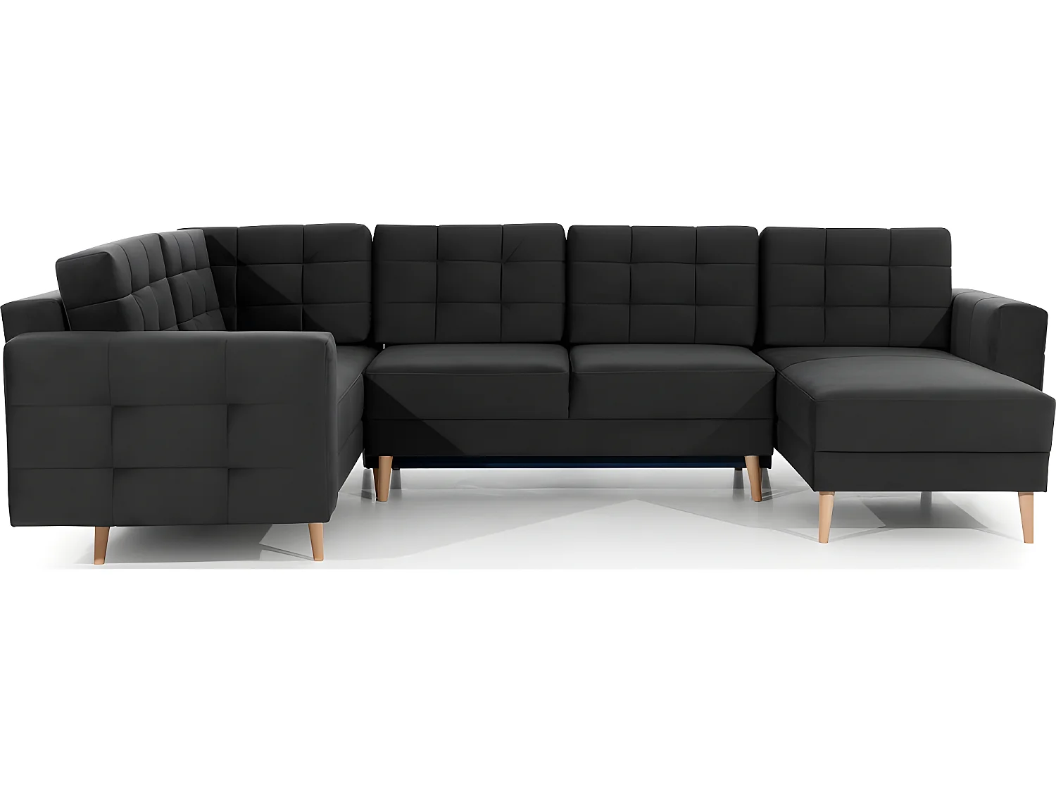 Canapé panoramique convertible - ASMA VELOURS - en tissu de qualité 5 places, gris anthracite, méridienne à droite et angle à gauche (vu de face)