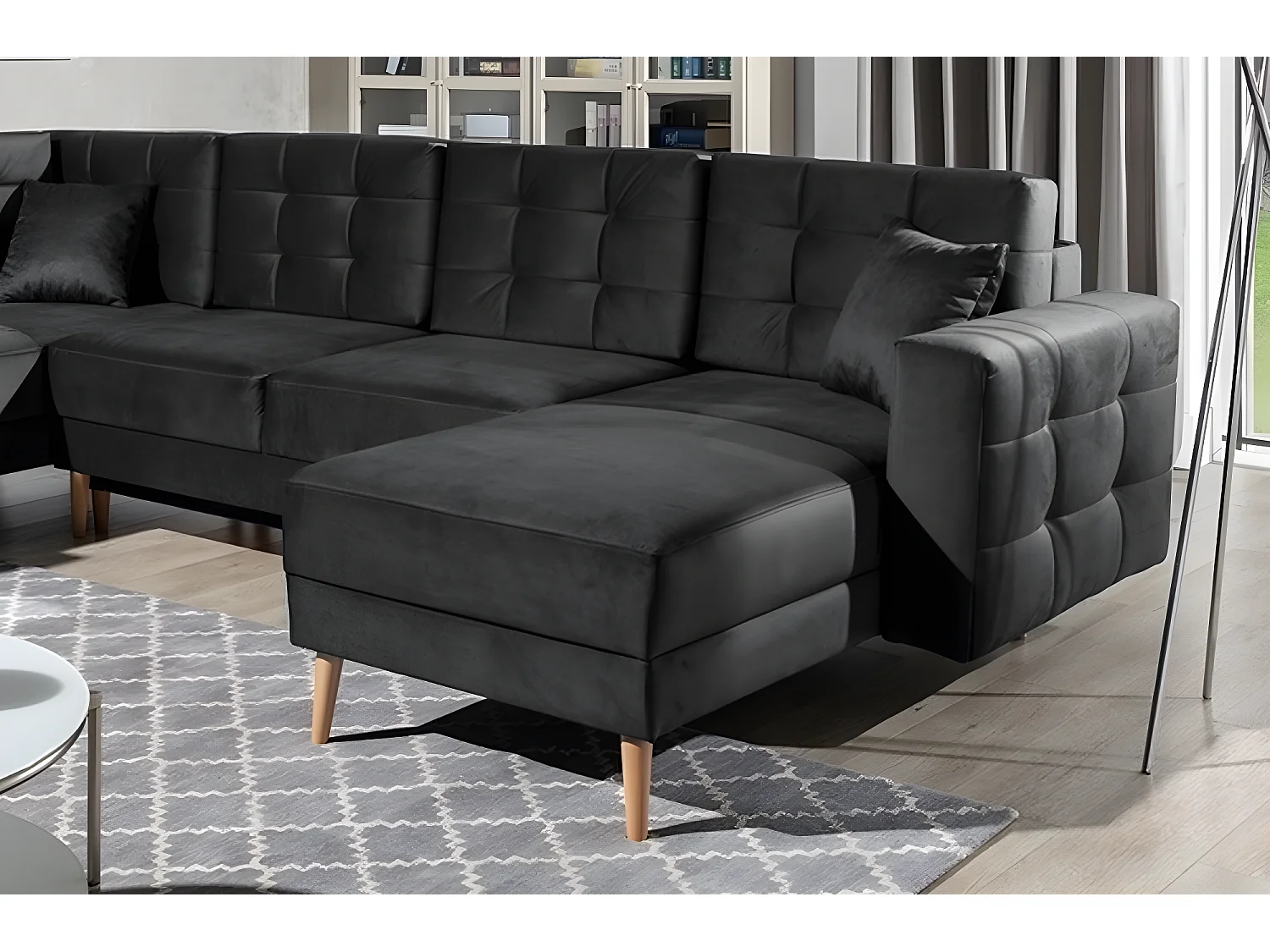 Canapé panoramique convertible - ASMA VELOURS - en tissu de qualité 5 places, gris anthracite, méridienne à droite et angle à gauche (vu de face)