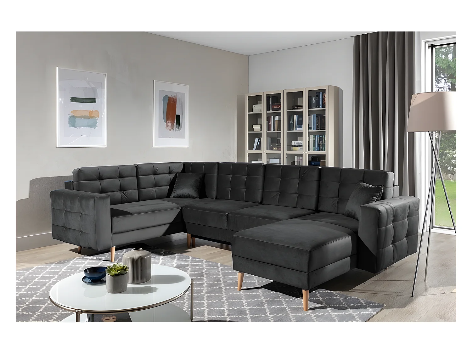 Canapé panoramique convertible - ASMA VELOURS - en tissu de qualité 5 places, gris anthracite, méridienne à droite et angle à gauche (vu de face)