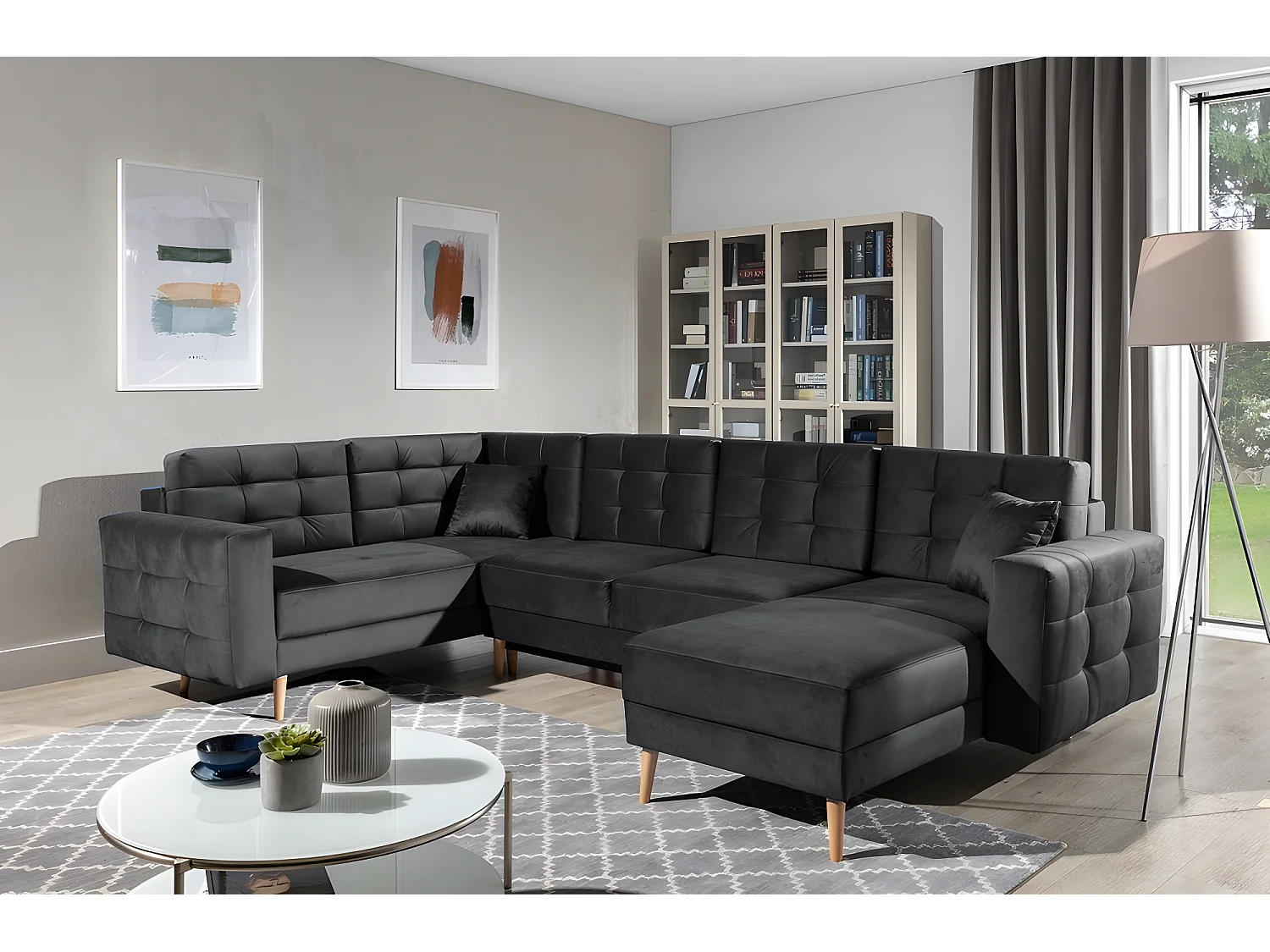 Canapé panoramique convertible - ASMA VELOURS - en tissu de qualité 5 places, gris anthracite, méridienne à droite et angle à gauche (vu de face)