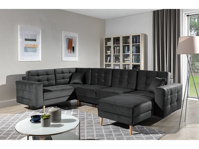 Canapé panoramique convertible - ASMA VELOURS - en tissu de qualité 5 places, gris anthracite, méridienne à droite et angle à gauche (vu de face)