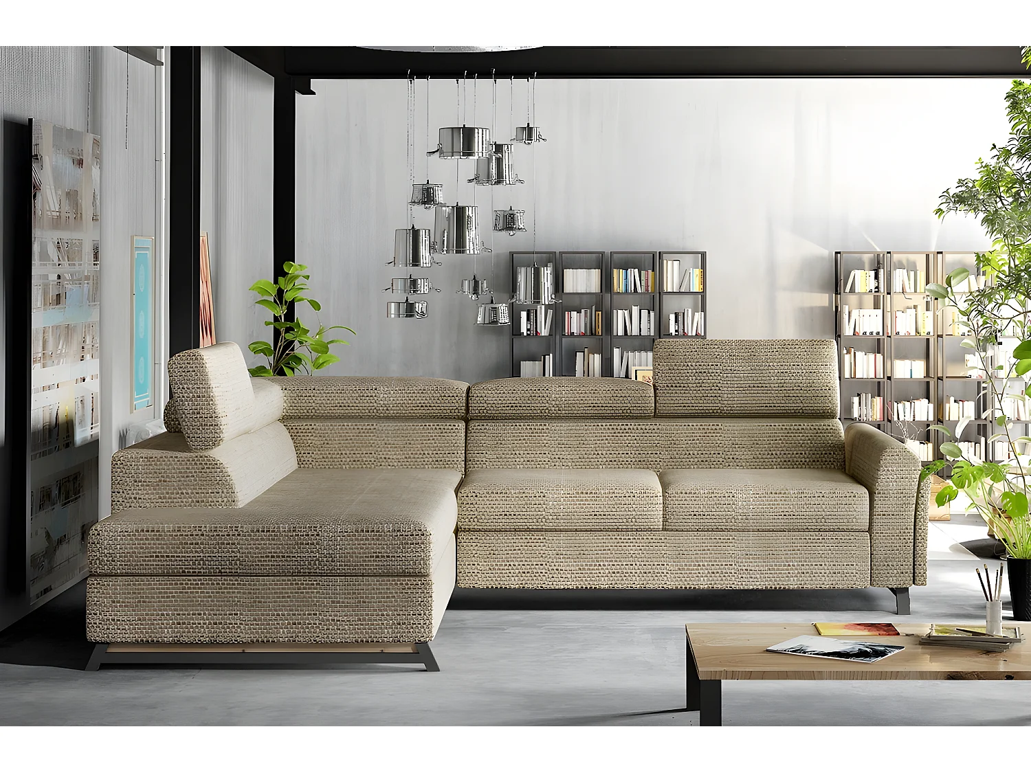 Canapé d'angle convertible - KARL - en tissu luxe 5 places, beige, angle gauche (vu de face)