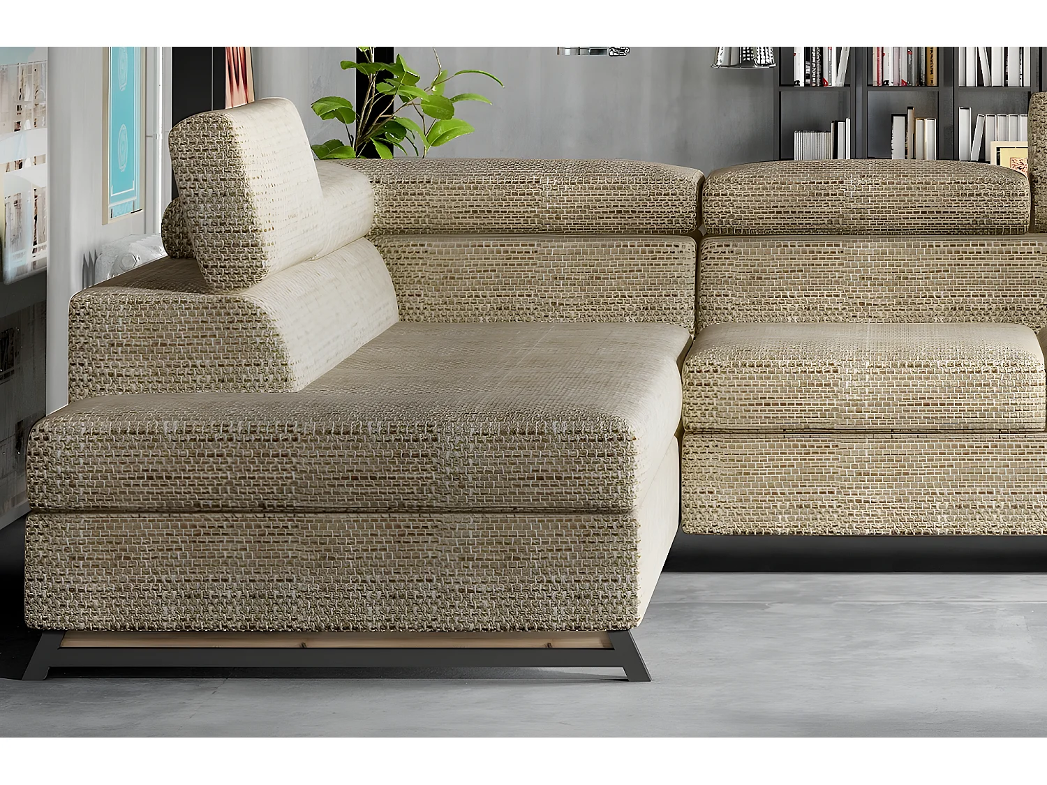 Canapé d'angle convertible - KARL - en tissu luxe 5 places, beige, angle gauche (vu de face)