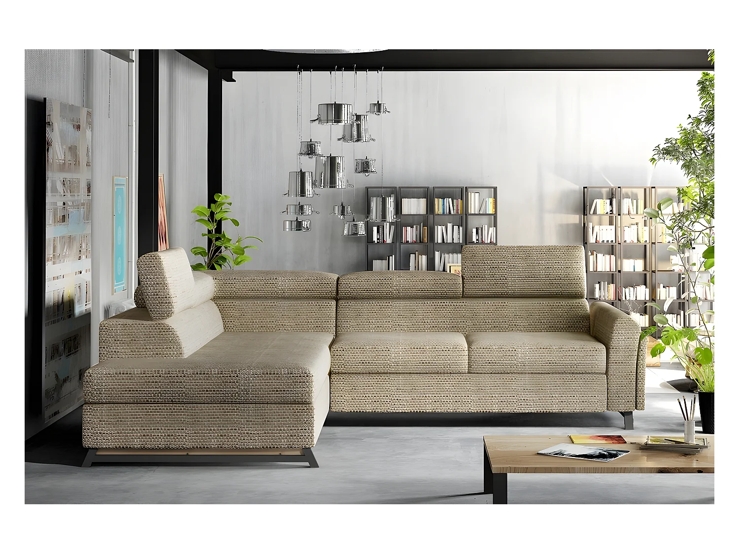 Canapé d'angle convertible - KARL - en tissu luxe 5 places, beige, angle gauche (vu de face)