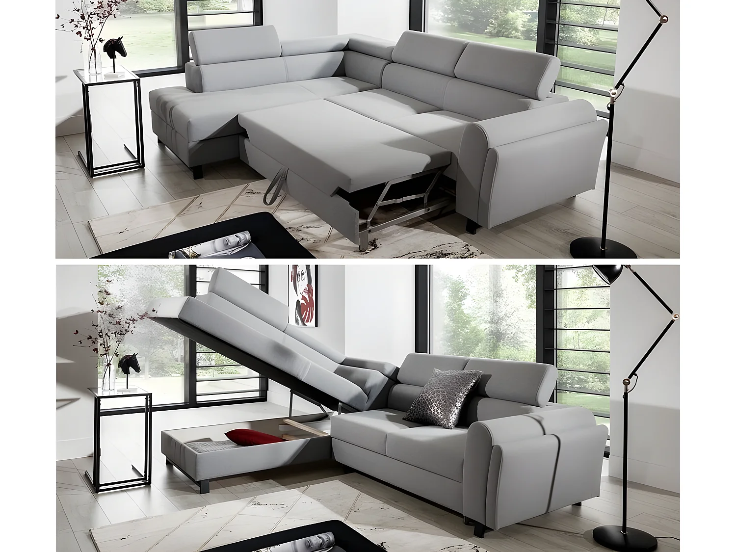 Canapé d'angle convertible - KARL - en tissu luxe 5 places, beige, angle gauche (vu de face)