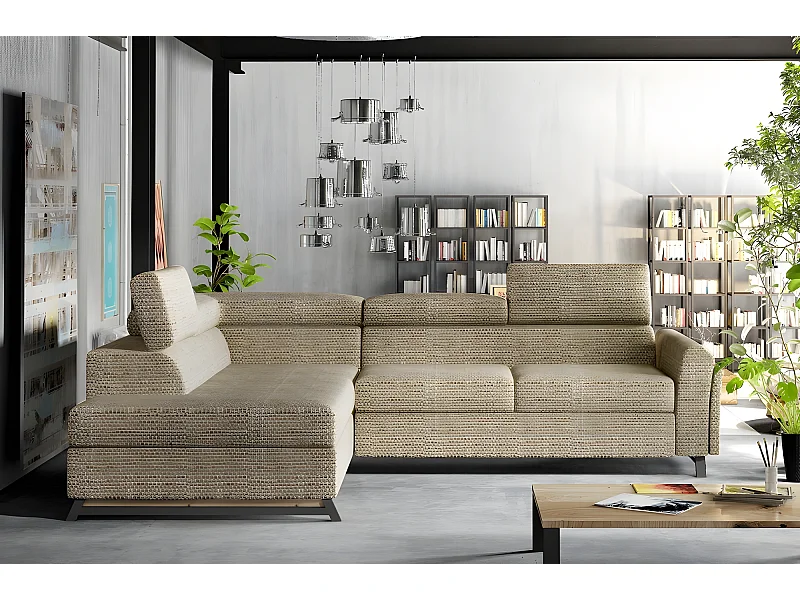 Canapé d'angle convertible - KARL - en tissu luxe 5 places, beige, angle gauche (vu de face)