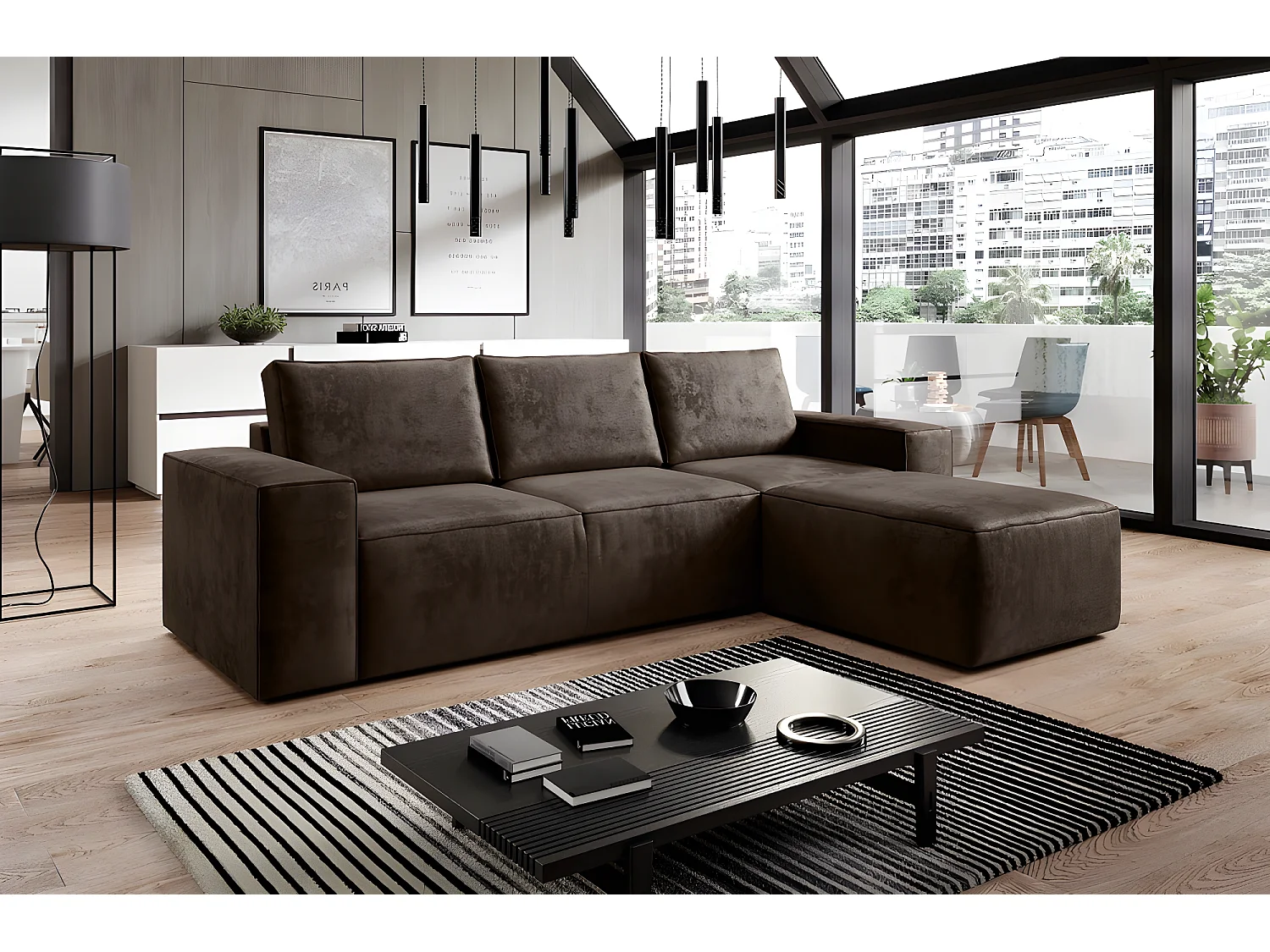 Canapé d'angle convertible - SIDNEY VELOURS - en tissu Luxe - 5/6 places, chocolat, angle droit (vu de face)