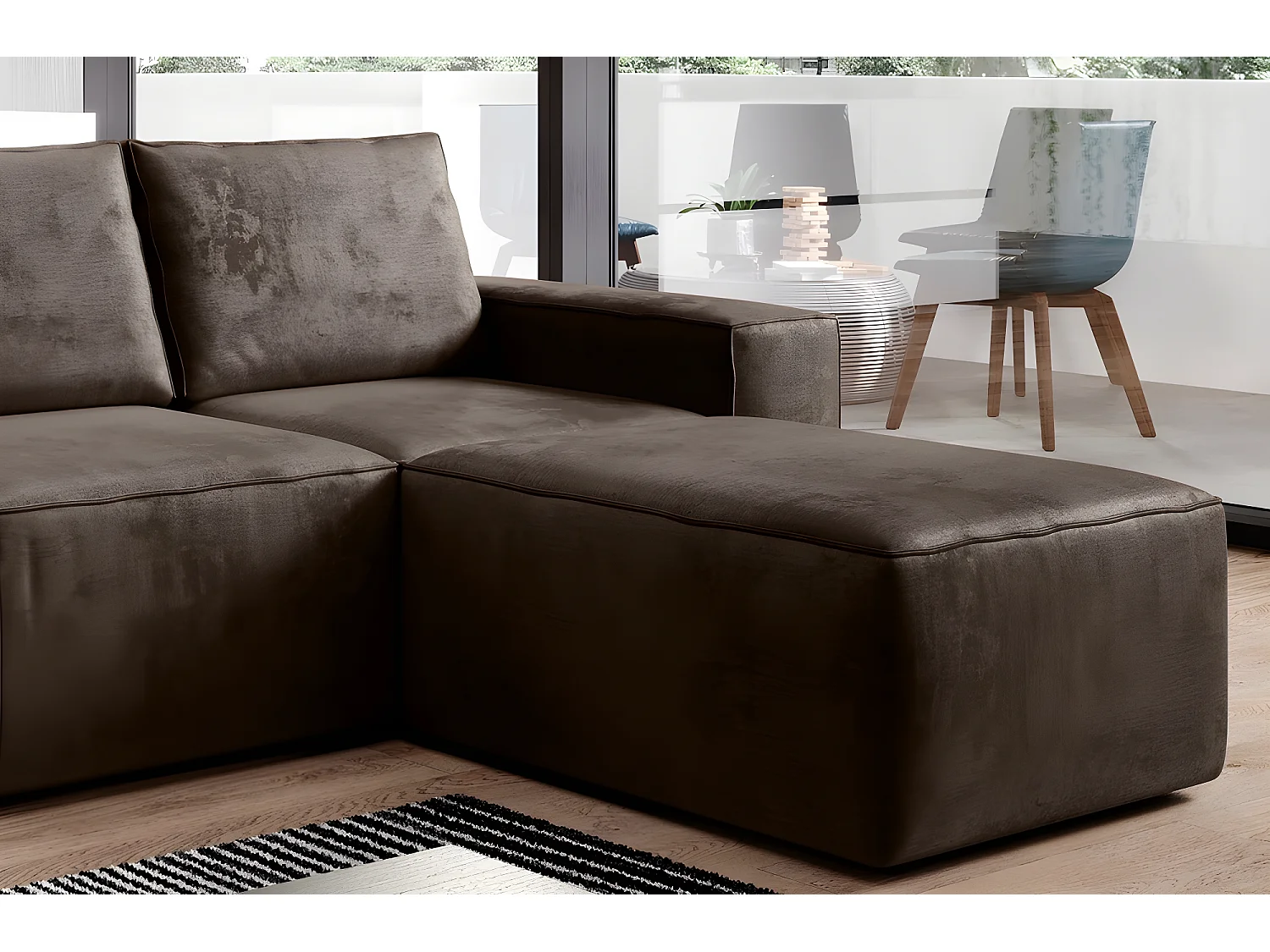 Canapé d'angle convertible - SIDNEY VELOURS - en tissu Luxe - 5/6 places, chocolat, angle droit (vu de face)