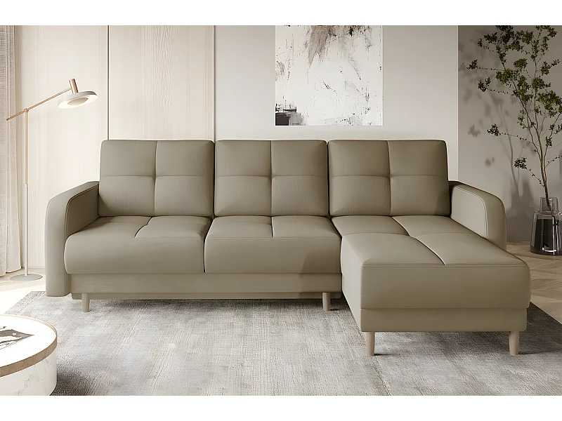 Canapé d'angle convertible en tissu velours luxe, rangement - BEIGE, angle droit (vu de face), ROXANE VELOURS