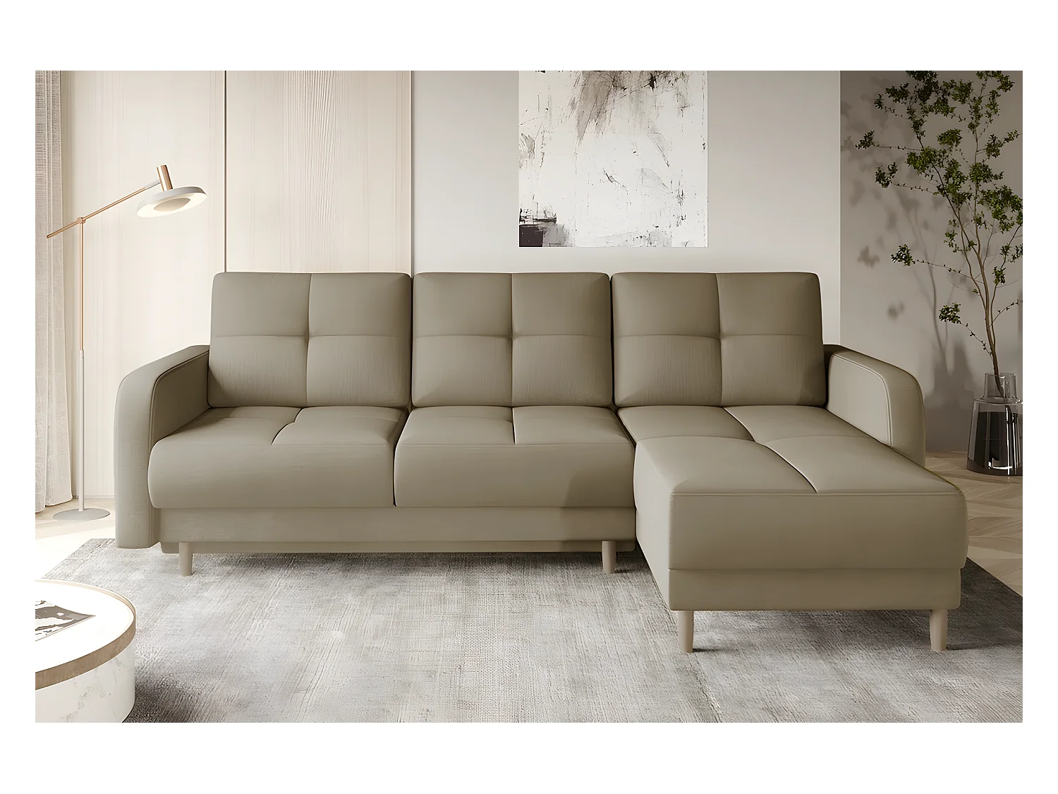 Canapé d'angle convertible en tissu velours luxe, rangement - BEIGE, angle droit (vu de face), ROXANE VELOURS