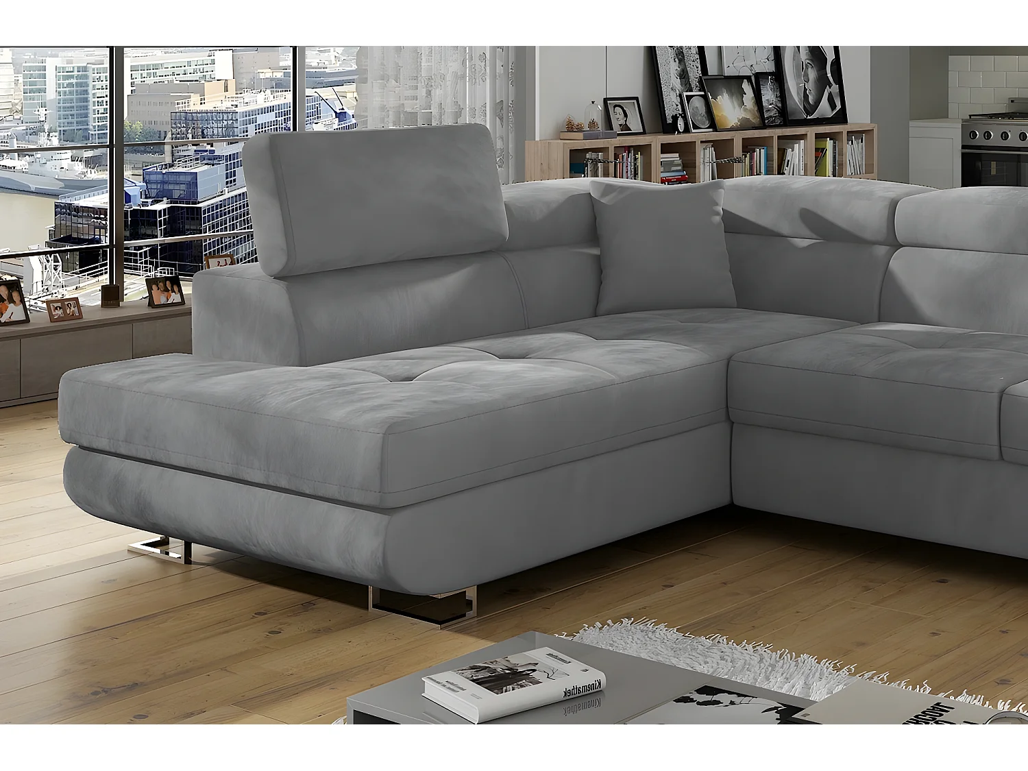 Canapé d'angle convertible en tissu luxe 5 places, avec coffre, gris clair, angle gauche (vu de face), ANNECY VELOURS