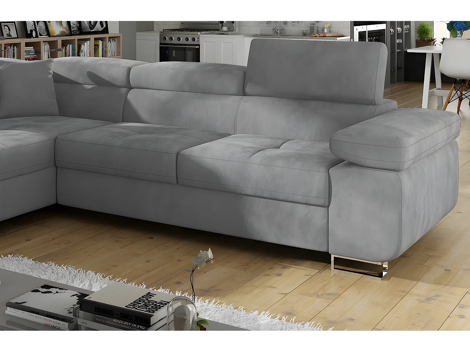 Canapé d'angle convertible en tissu luxe 5 places, avec coffre, gris clair, angle gauche (vu de face), ANNECY VELOURS
