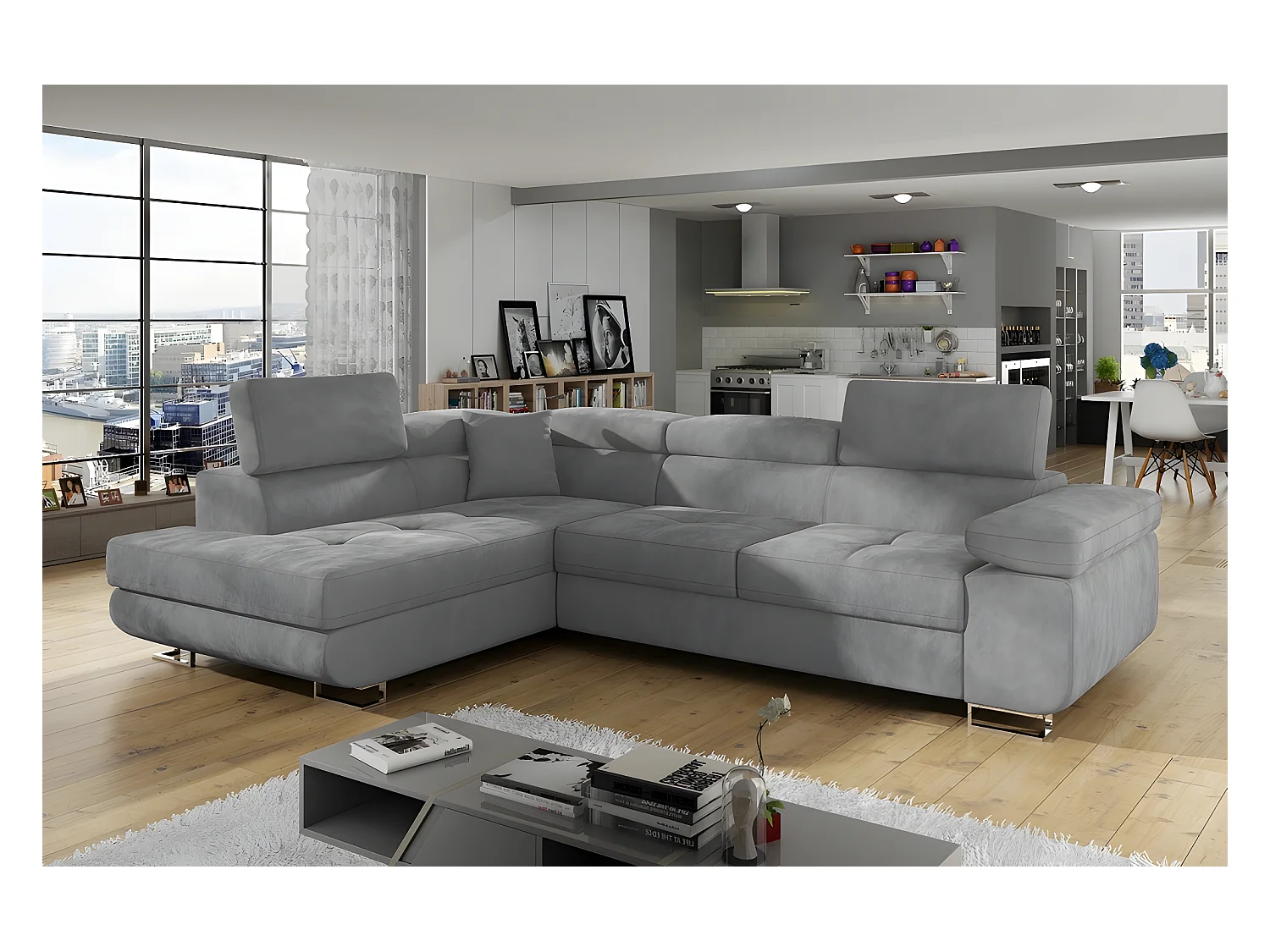 Canapé d'angle convertible en tissu luxe 5 places, avec coffre, gris clair, angle gauche (vu de face), ANNECY VELOURS