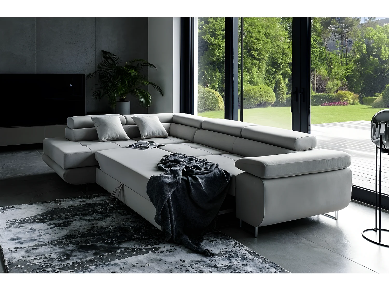 Canapé d'angle convertible en tissu luxe 5 places, avec coffre, gris clair, angle gauche (vu de face), ANNECY VELOURS