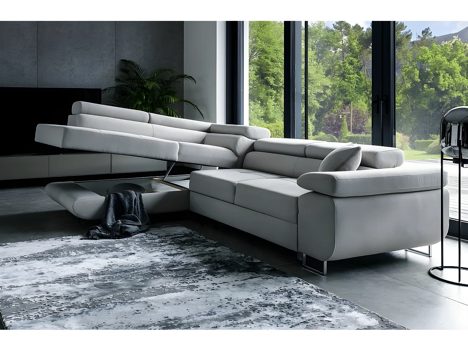 Canapé d'angle convertible en tissu luxe 5 places, avec coffre, gris clair, angle gauche (vu de face), ANNECY VELOURS