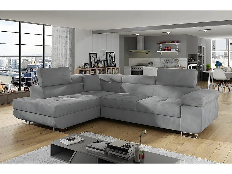 Canapé d'angle convertible en tissu luxe 5 places, avec coffre, gris clair, angle gauche (vu de face), ANNECY VELOURS