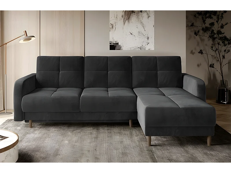 Canapé d'angle convertible en tissu velours luxe, rangement - gris foncé, angle droit (vu de face), ROXANE VELOURS