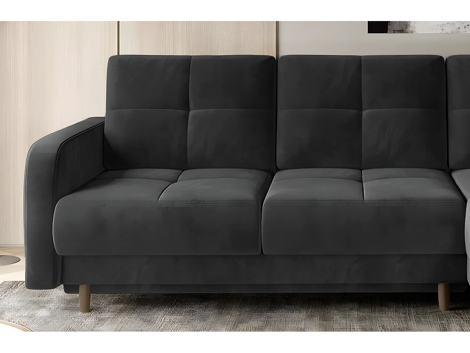 Canapé d'angle convertible en tissu velours luxe, rangement - gris foncé, angle droit (vu de face), ROXANE VELOURS