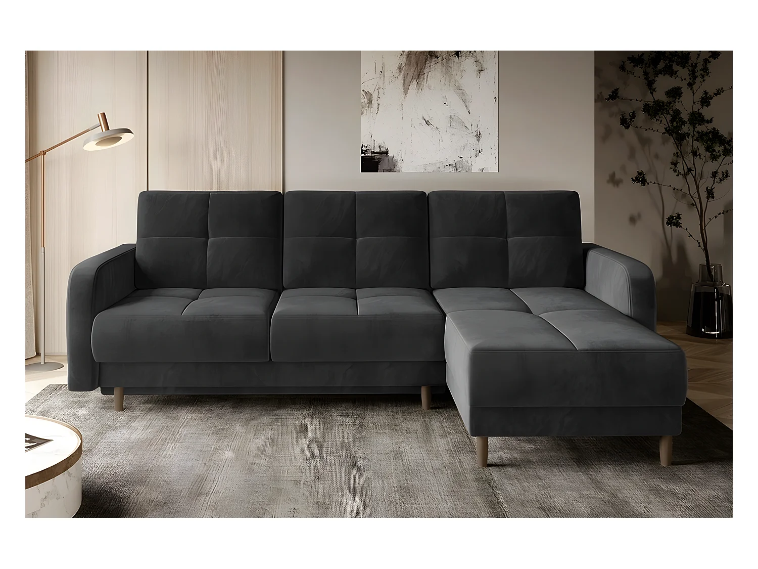 Canapé d'angle convertible en tissu velours luxe, rangement - gris foncé, angle droit (vu de face), ROXANE VELOURS