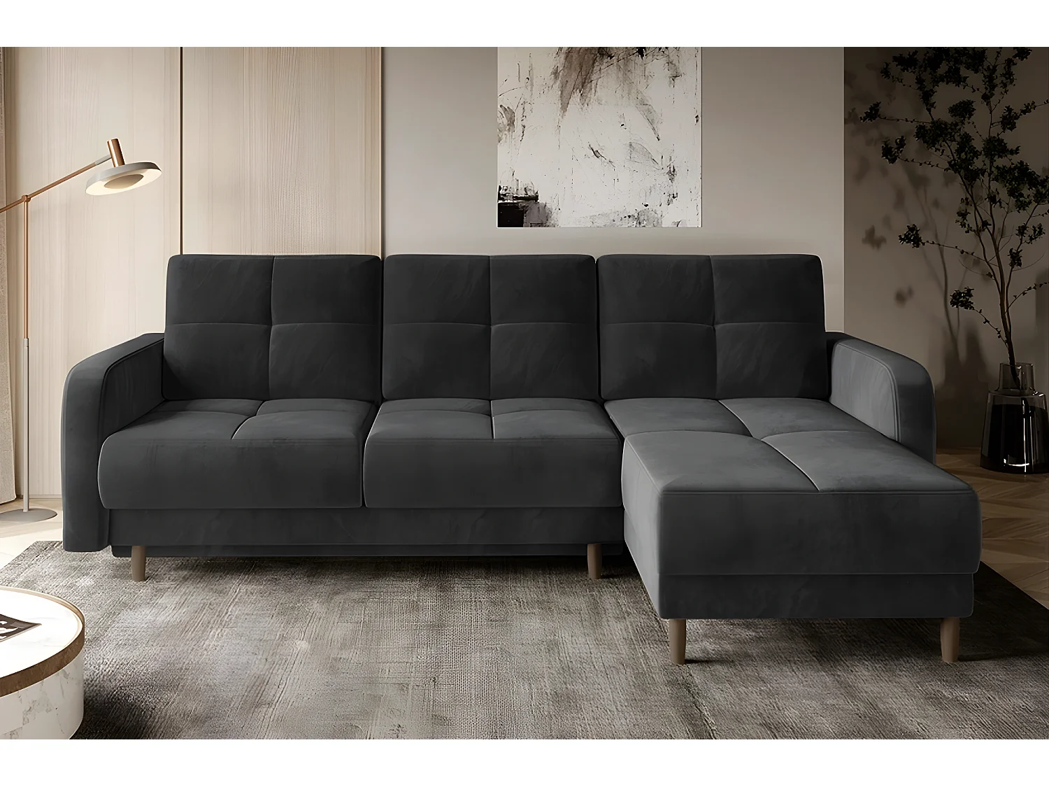 Canapé d'angle convertible en tissu velours luxe, rangement - gris foncé, angle droit (vu de face), ROXANE VELOURS