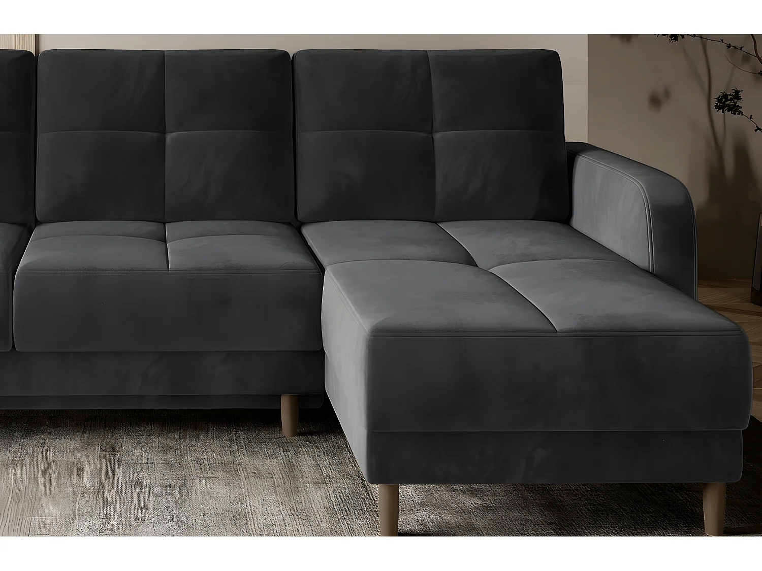 Canapé d'angle convertible en tissu velours luxe, rangement - gris foncé, angle droit (vu de face), ROXANE VELOURS