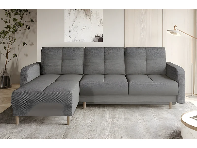 Canapé d'angle convertible en tissu luxe, rangement - gris, angle gauche (vu de face), ROXANE