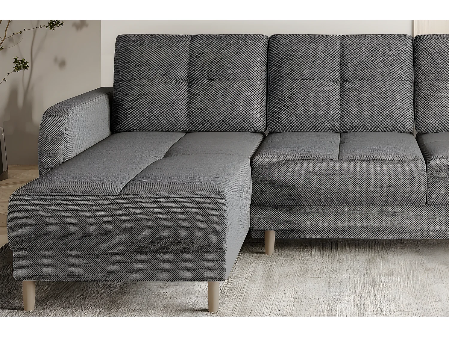 Canapé d'angle convertible en tissu luxe, rangement - gris, angle gauche (vu de face), ROXANE