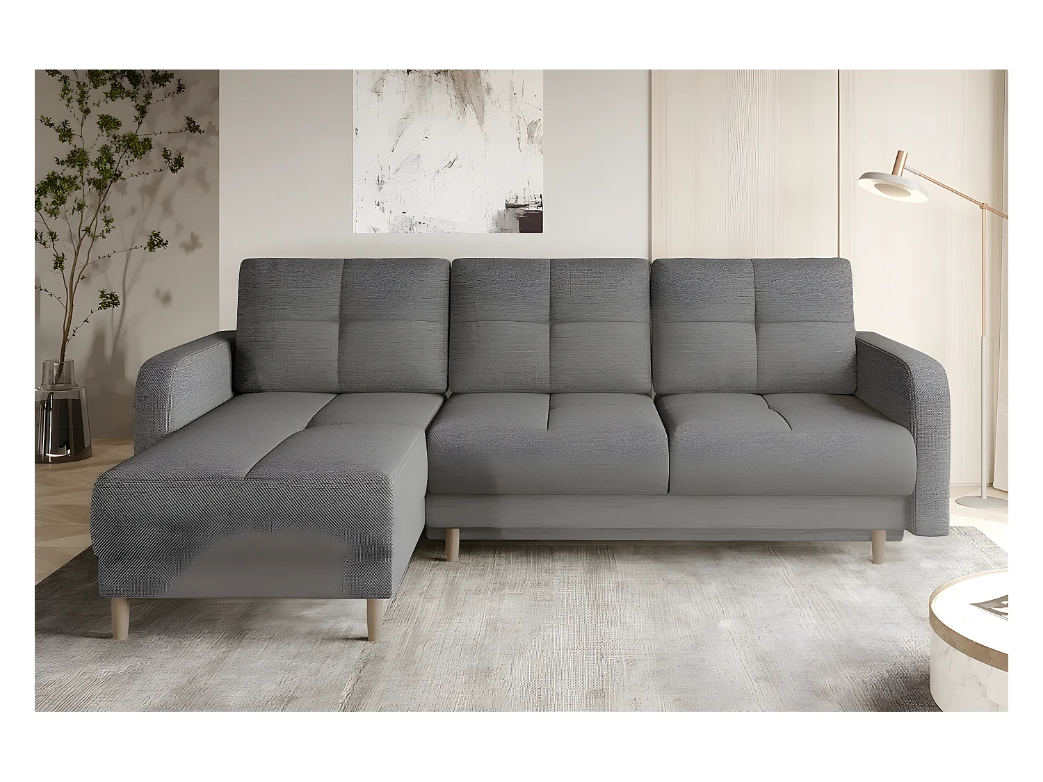 Canapé d'angle convertible en tissu luxe, rangement - gris, angle gauche (vu de face), ROXANE