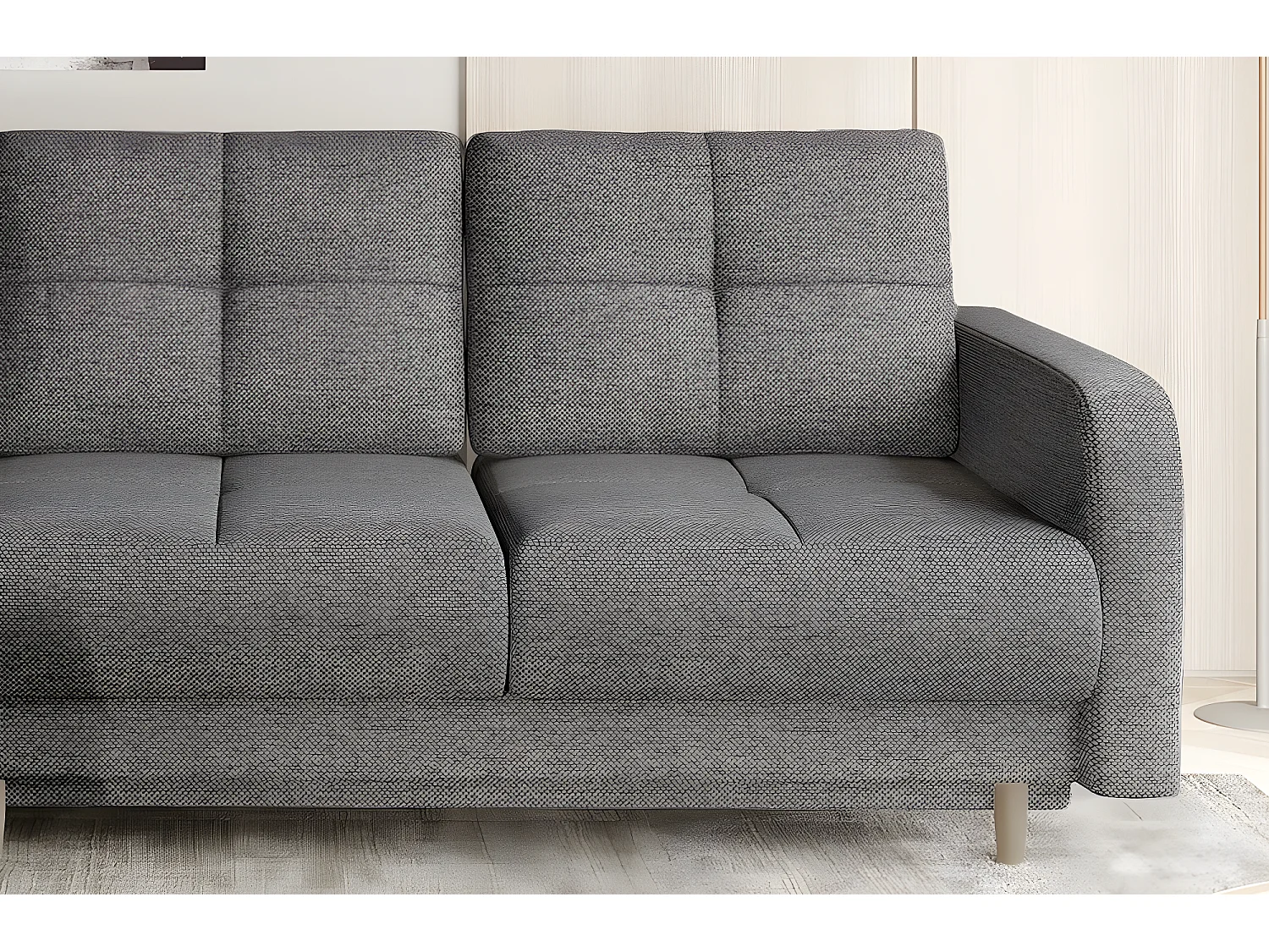 Canapé d'angle convertible en tissu luxe, rangement - gris, angle gauche (vu de face), ROXANE