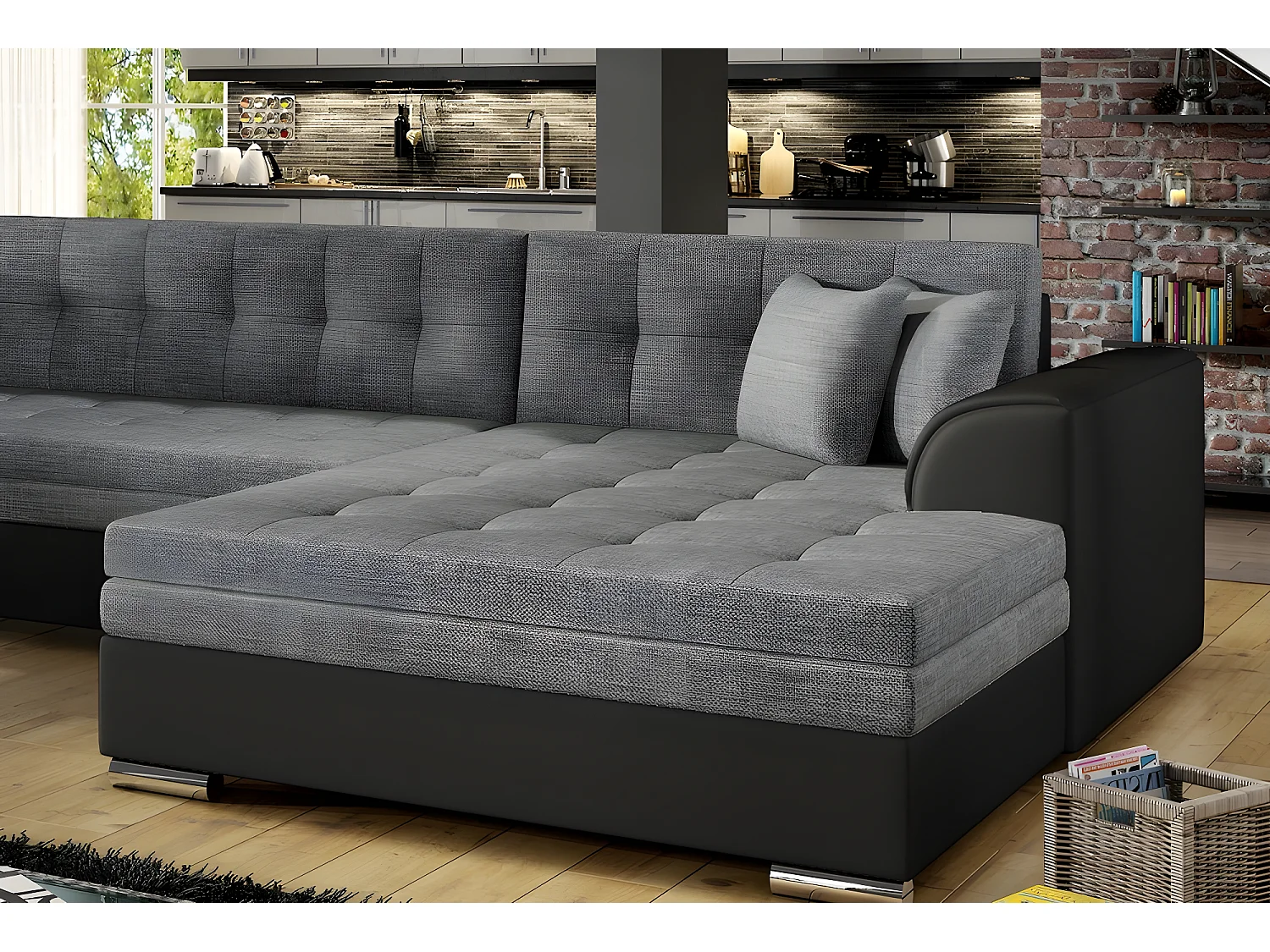 Canapé panoramique convertible - DAMIEN - en tissu gris de qualité et caisse simili noir,  7 places, gris, méridienne à droite et angle à gauche (vu de face)