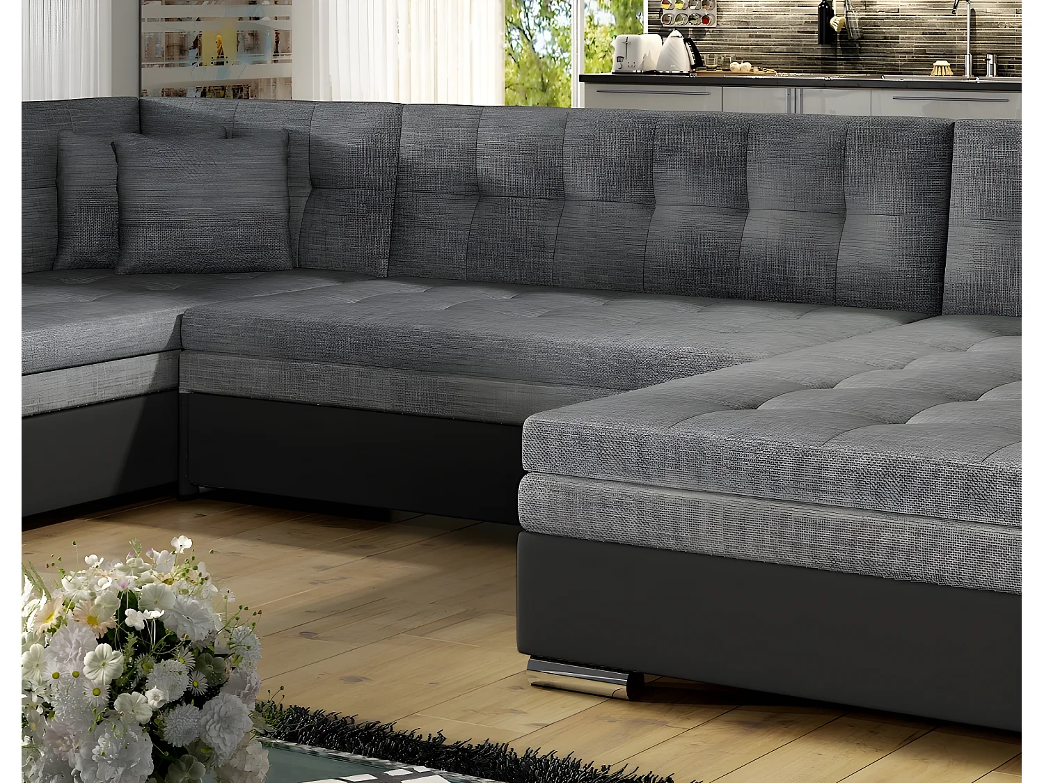 Canapé panoramique convertible - DAMIEN - en tissu gris de qualité et caisse simili noir,  7 places, gris, méridienne à droite et angle à gauche (vu de face)