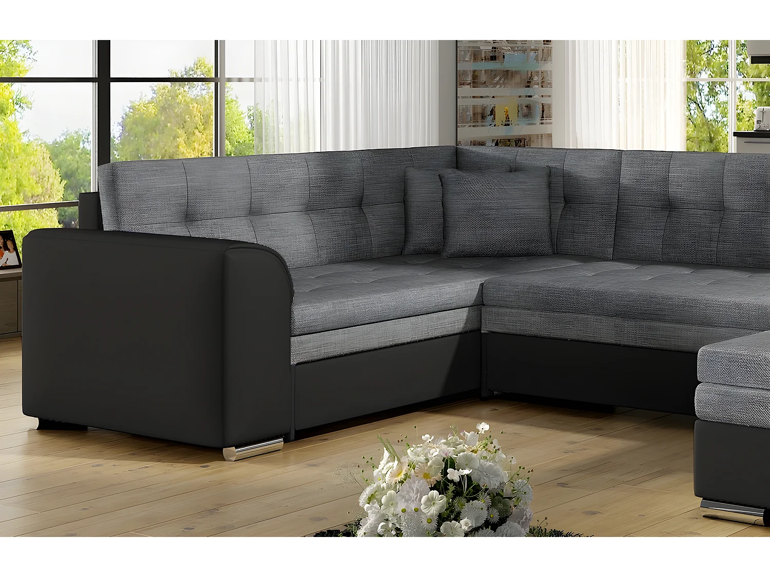 Canapé panoramique convertible - DAMIEN - en tissu gris de qualité et caisse simili noir,  7 places, gris, méridienne à droite et angle à gauche (vu de face)