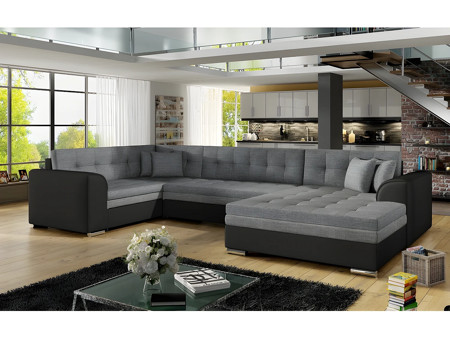 Canapé panoramique convertible - DAMIEN - en tissu gris de qualité et caisse simili noir,  7 places, gris, méridienne à droite et angle à gauche (vu de face)