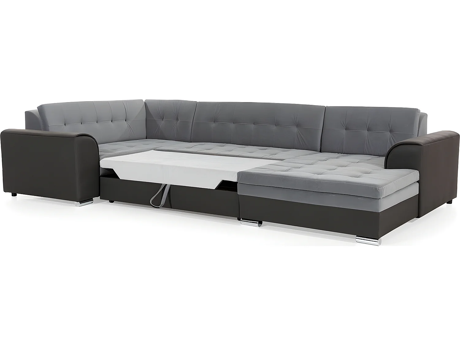 Canapé panoramique convertible - DAMIEN - en tissu gris de qualité et caisse simili noir,  7 places, gris, méridienne à droite et angle à gauche (vu de face)