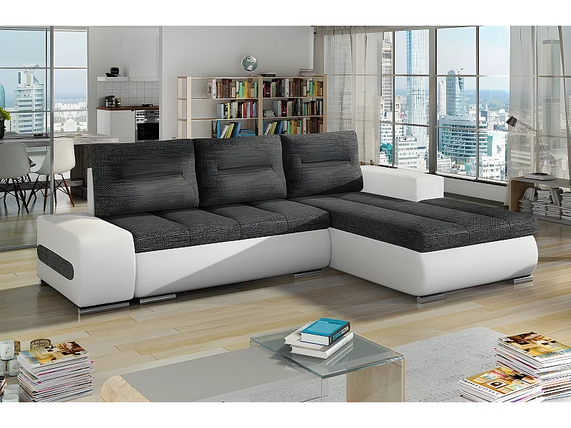 Canapé d'angle convertible en tissu luxe gris foncé et simili cuir blanc, 5 places, angle droit (vu de face) - OTELLO