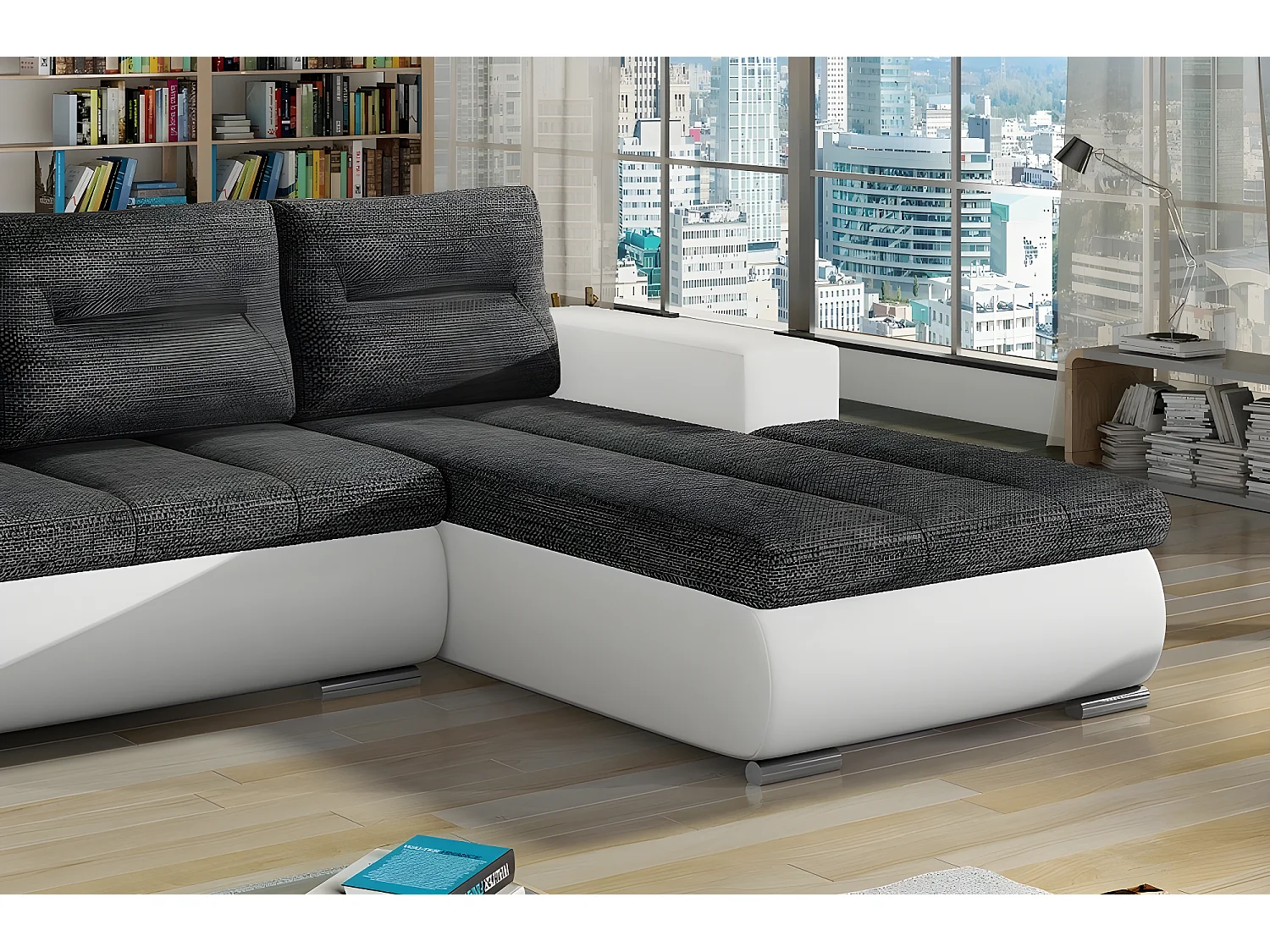 Canapé d'angle convertible en tissu luxe gris foncé et simili cuir blanc, 5 places, angle droit (vu de face) - OTELLO