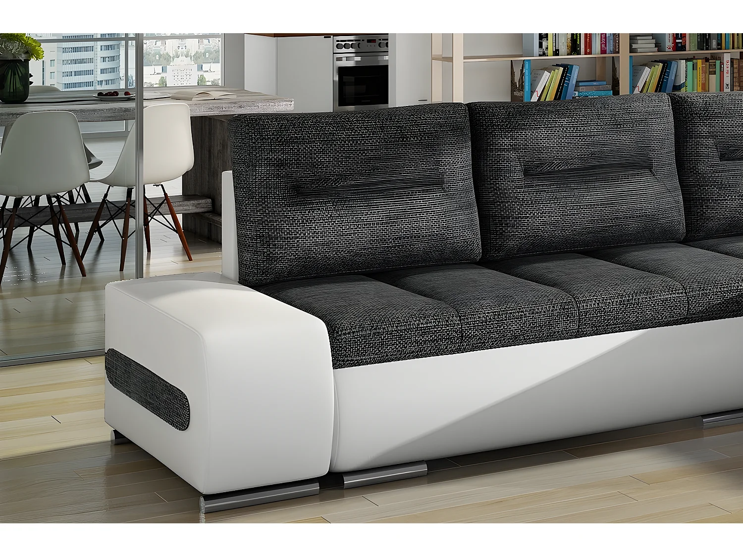 Canapé d'angle convertible en tissu luxe gris foncé et simili cuir blanc, 5 places, angle droit (vu de face) - OTELLO