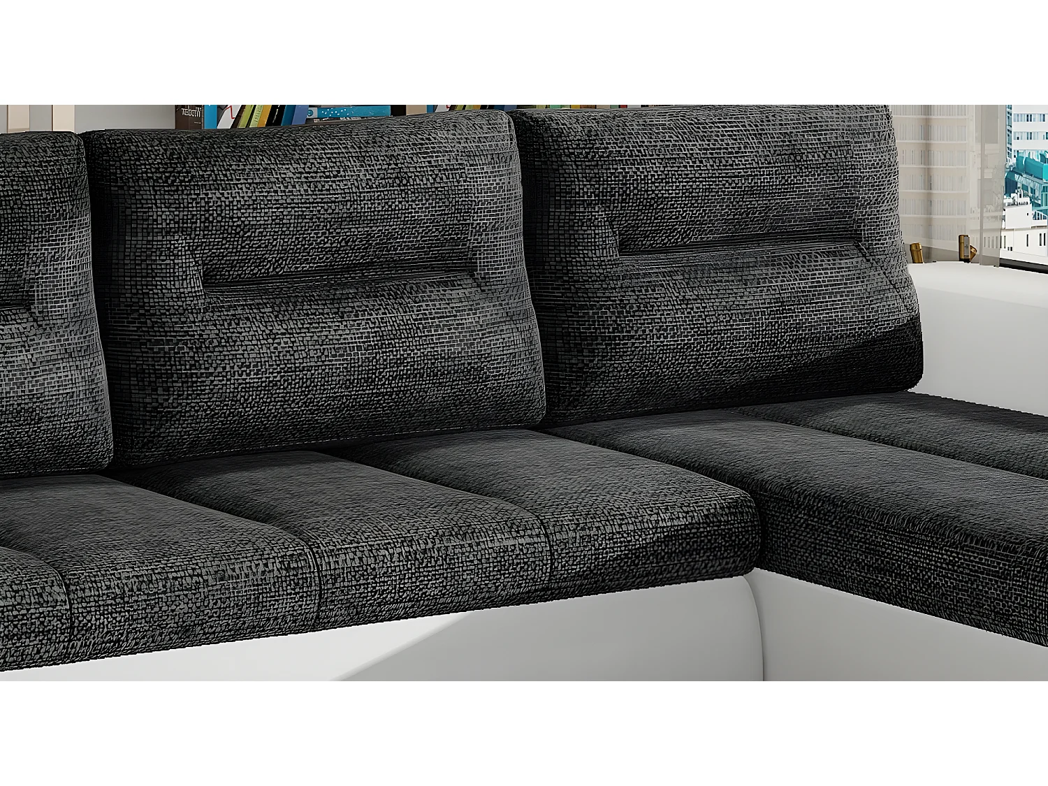 Canapé d'angle convertible en tissu luxe gris foncé et simili cuir blanc, 5 places, angle droit (vu de face) - OTELLO