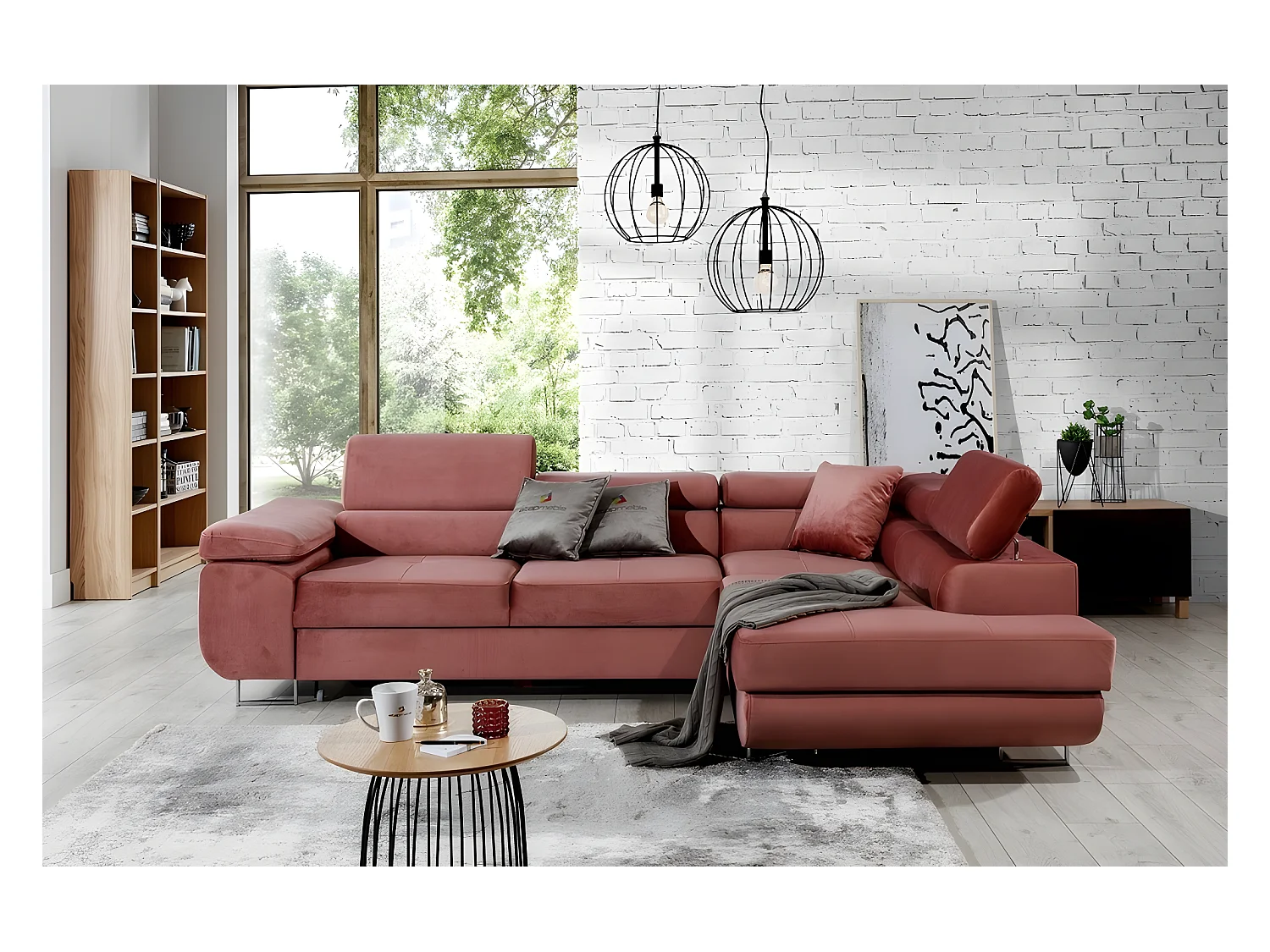 Canapé d'angle convertible en tissu luxe 5 places, ANNECY VELOURS, couleur rose pale, angle droit (vu de face)