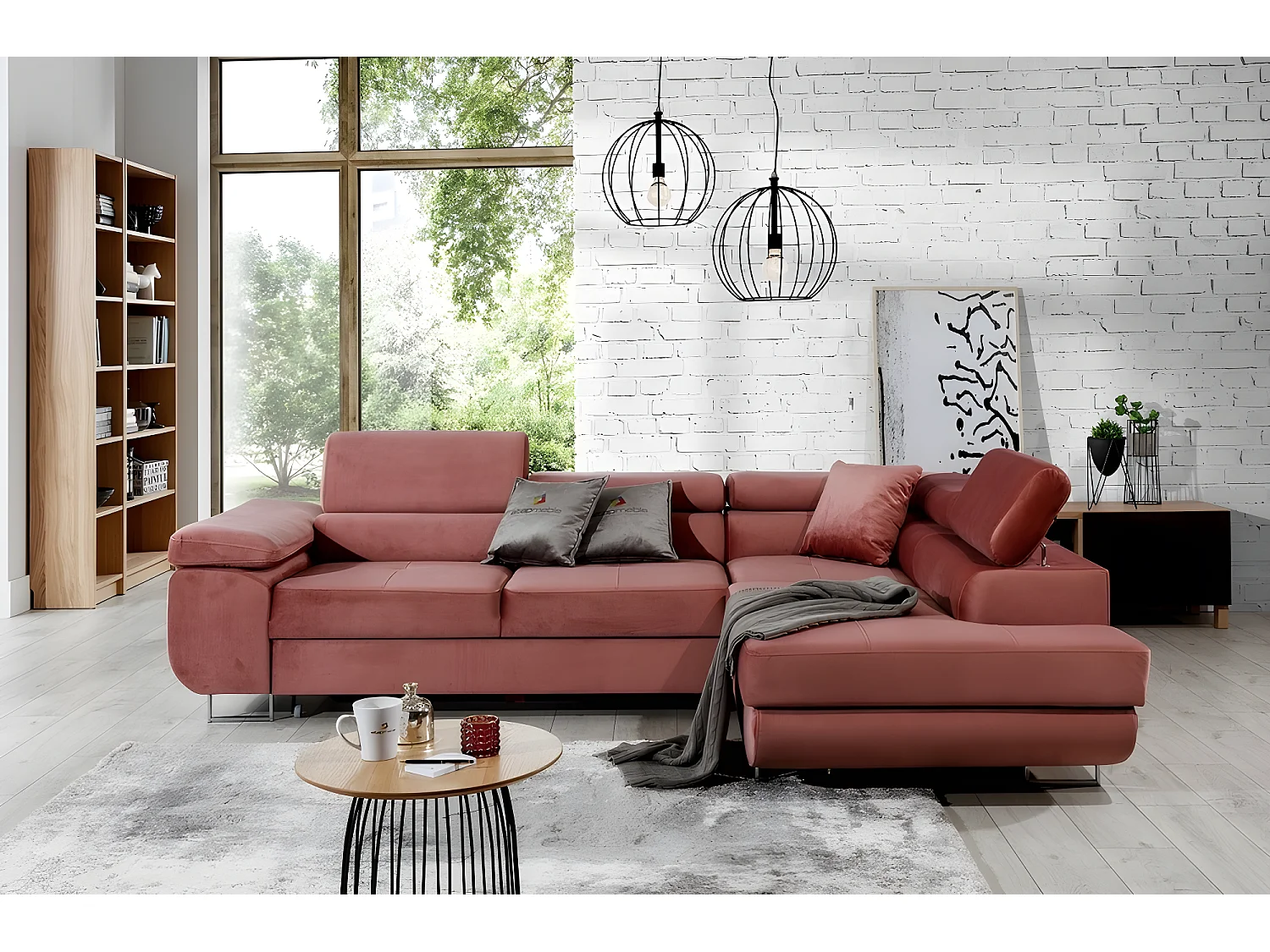 Canapé d'angle convertible en tissu luxe 5 places, ANNECY VELOURS, couleur rose pale, angle droit (vu de face)