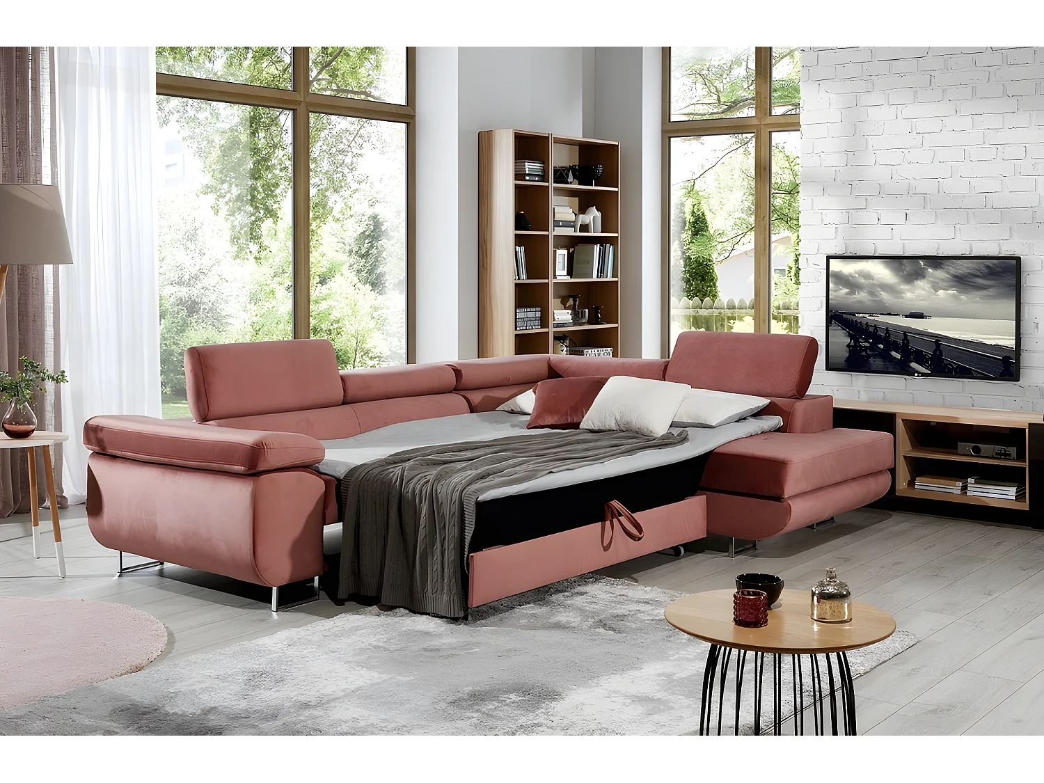 Canapé d'angle convertible en tissu luxe 5 places, ANNECY VELOURS, couleur rose pale, angle droit (vu de face)