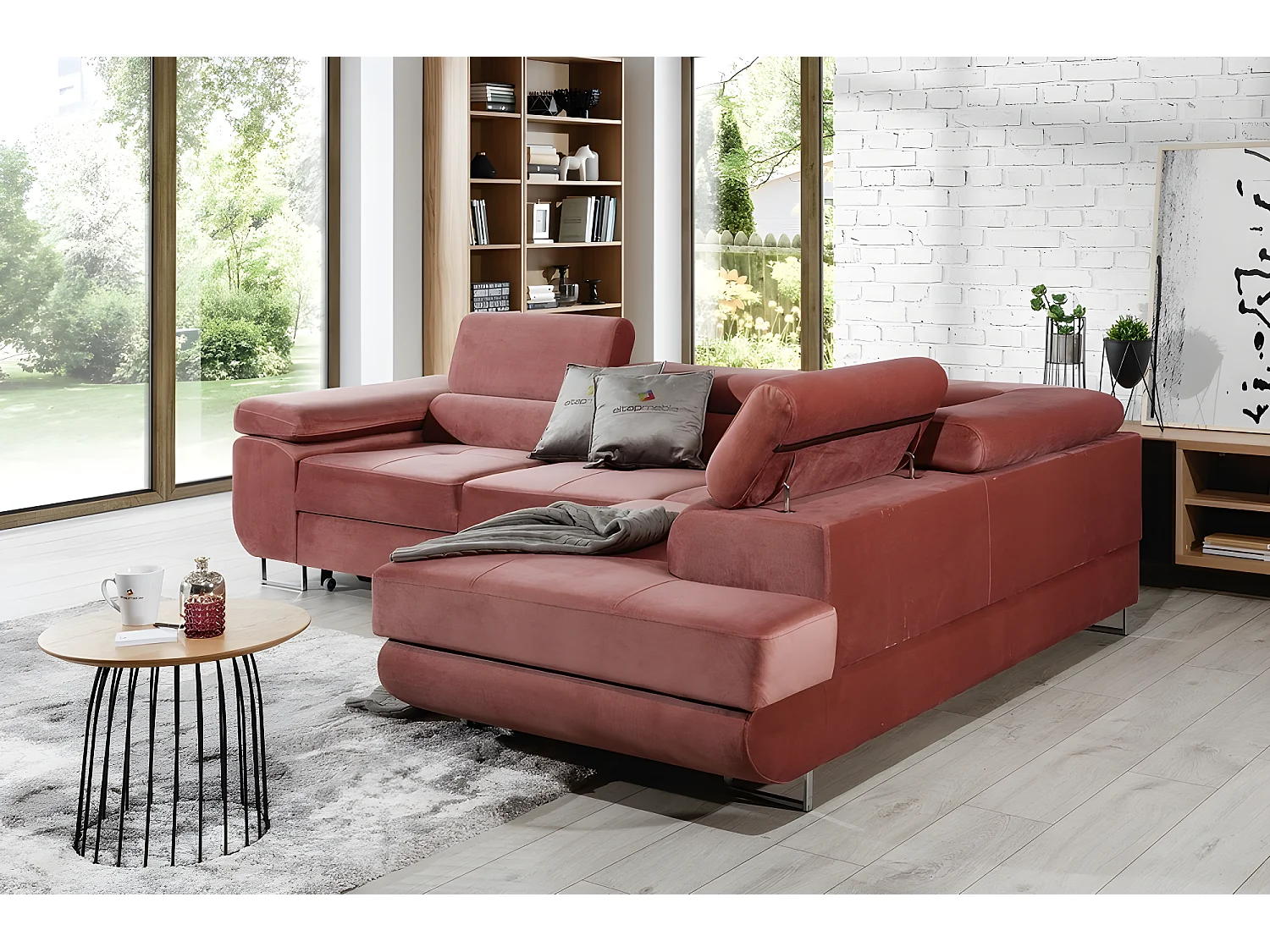 Canapé d'angle convertible en tissu luxe 5 places, ANNECY VELOURS, couleur rose pale, angle droit (vu de face)