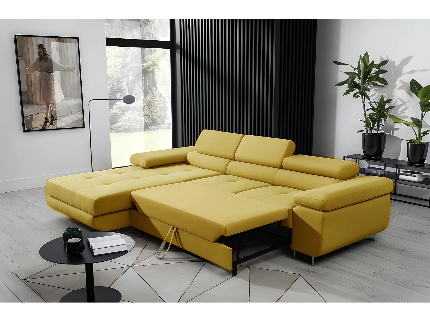 Canapé d'angle convertible ARMEL en tissu luxe 5 places, jaune moutarde, avec coffre, angle gauche (vu de face)