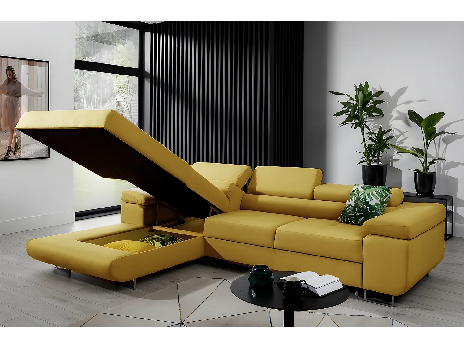 Canapé d'angle convertible ARMEL en tissu luxe 5 places, jaune moutarde, avec coffre, angle gauche (vu de face)