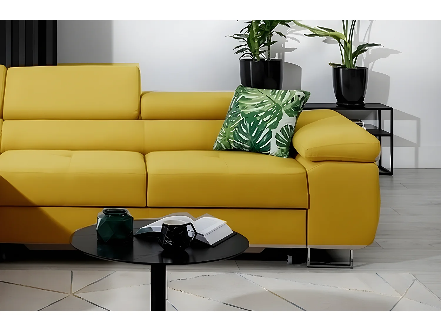 Canapé d'angle convertible ARMEL en tissu luxe 5 places, jaune moutarde, avec coffre, angle gauche (vu de face)