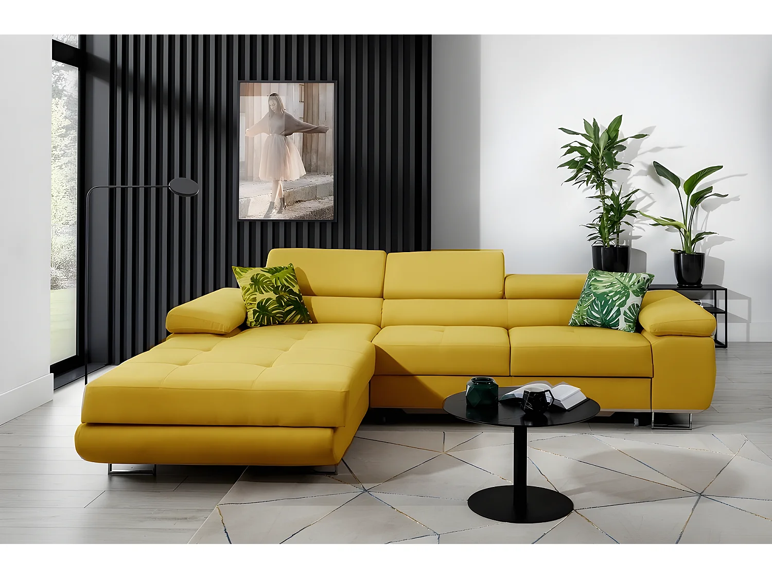 Canapé d'angle convertible ARMEL en tissu luxe 5 places, jaune moutarde, avec coffre, angle gauche (vu de face)