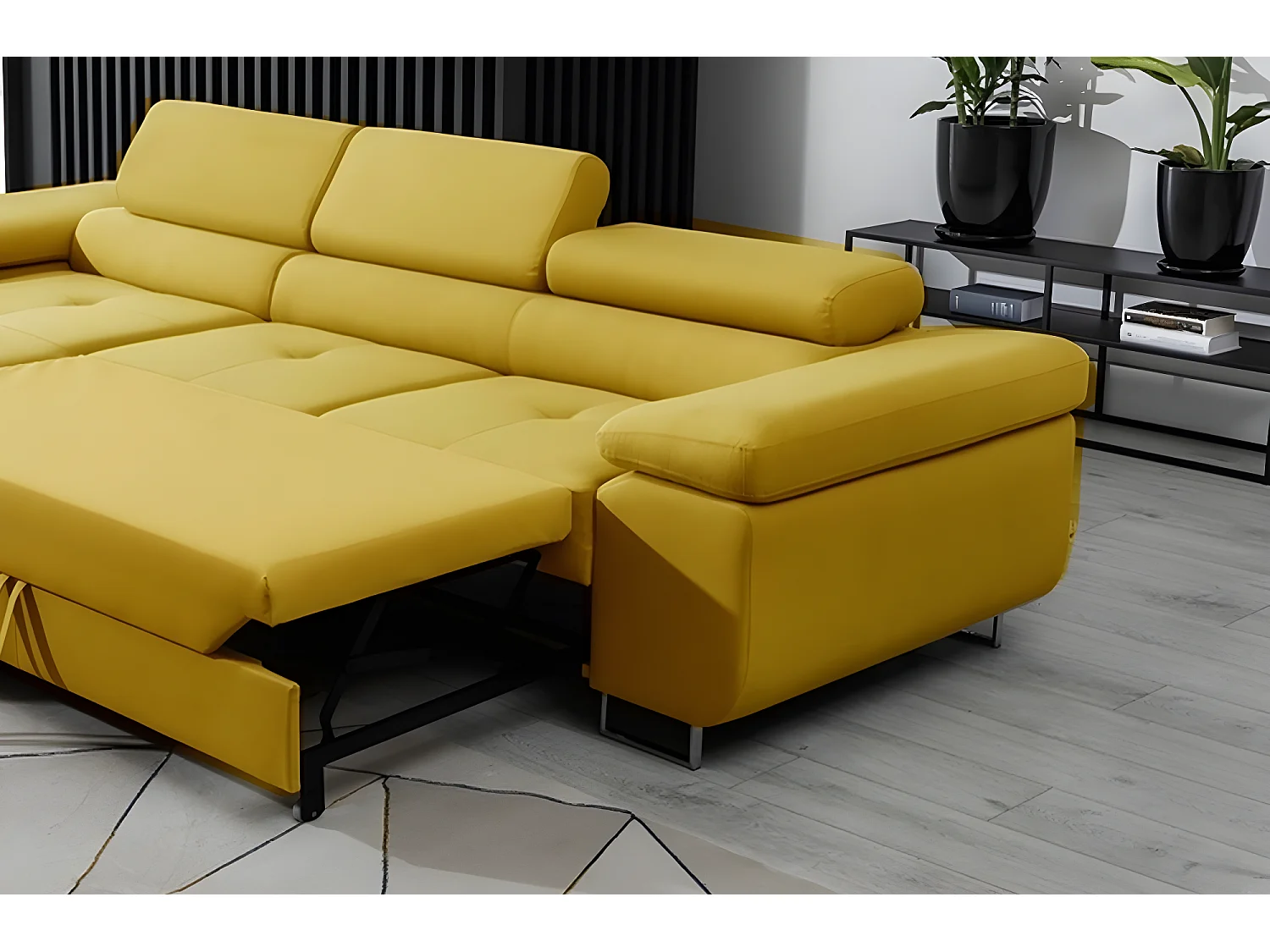 Canapé d'angle convertible ARMEL en tissu luxe 5 places, jaune moutarde, avec coffre, angle gauche (vu de face)