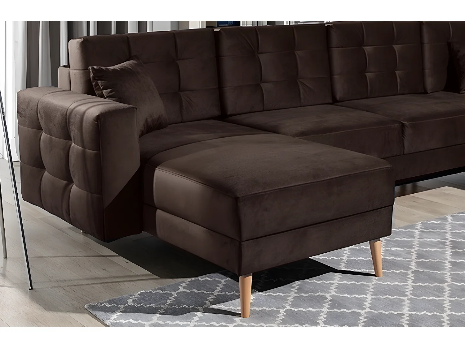 Canapé panoramique convertible - ASMA VELOURS - en tissu de qualité 5 places, marron foncé, méridienne à gauche et angle à droite (vu de face)