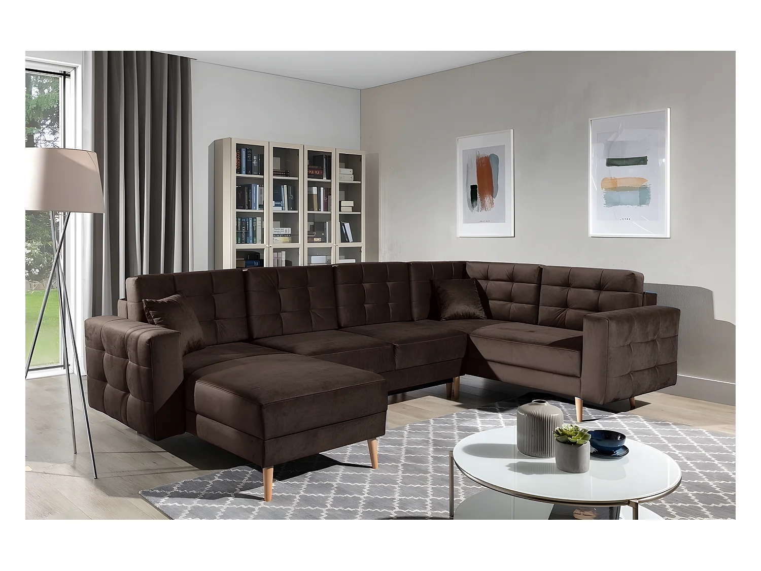 Canapé panoramique convertible - ASMA VELOURS - en tissu de qualité 5 places, marron foncé, méridienne à gauche et angle à droite (vu de face)