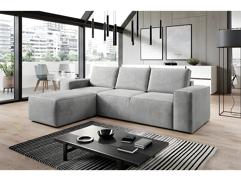 Canapé d'angle convertible - SIDNEY VELOURS - en tissu Luxe - 5/6 places, gris clair, angle gauche (vu de face)